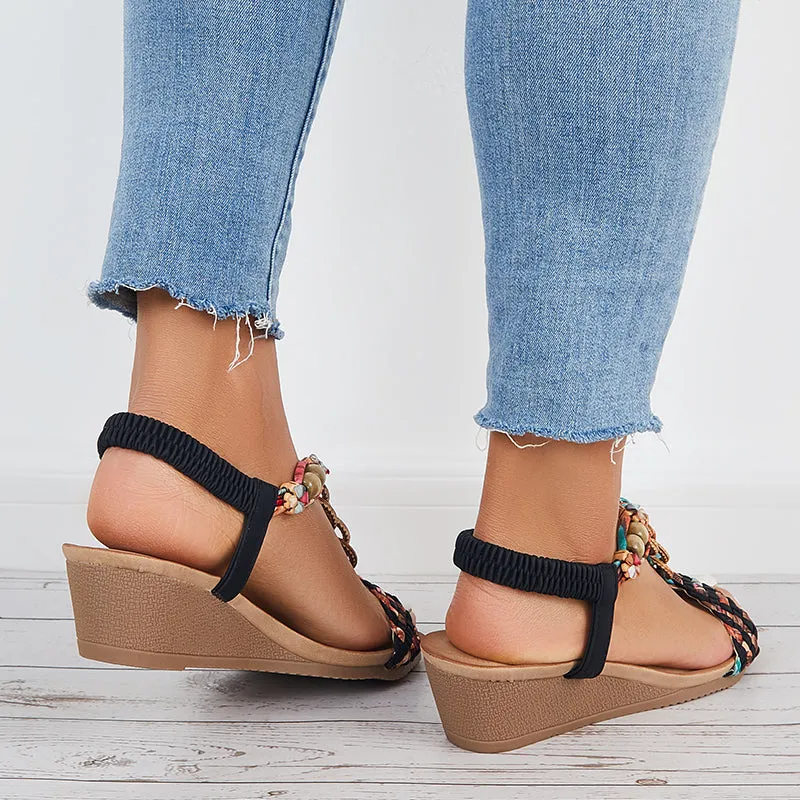 Sohiwoo Women Boho Low Wedge Heels Elastic Ankle Strap Dress Sandals