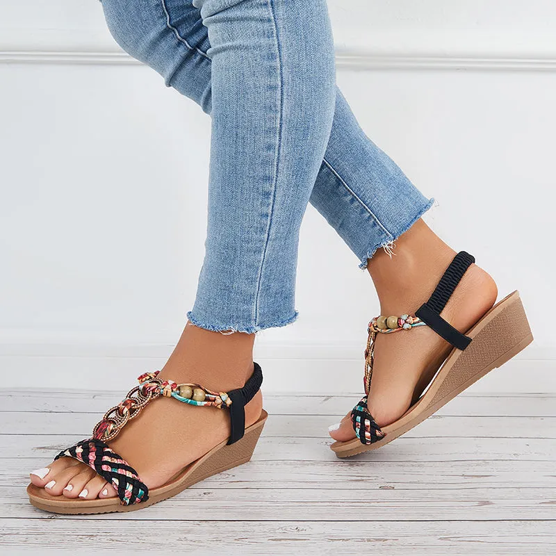 Sohiwoo Women Boho Low Wedge Heels Elastic Ankle Strap Dress Sandals