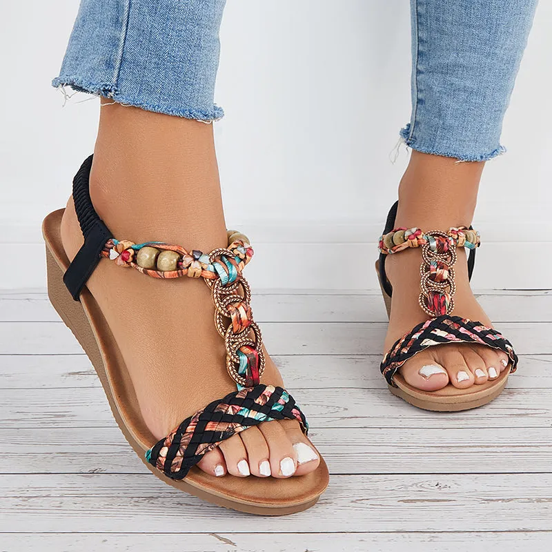 Sohiwoo Women Boho Low Wedge Heels Elastic Ankle Strap Dress Sandals