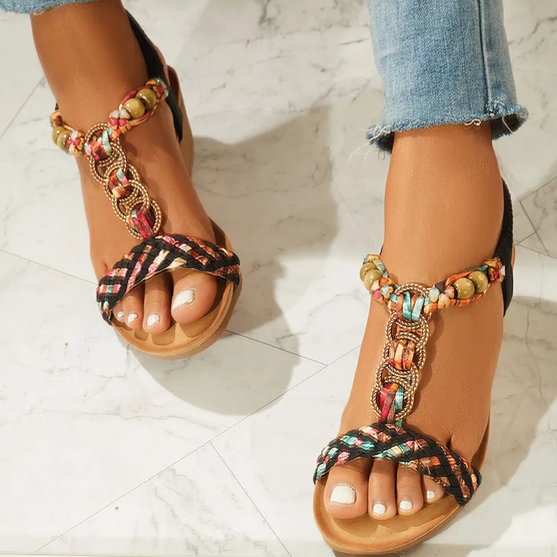 Sohiwoo Women Boho Low Wedge Heels Elastic Ankle Strap Dress Sandals