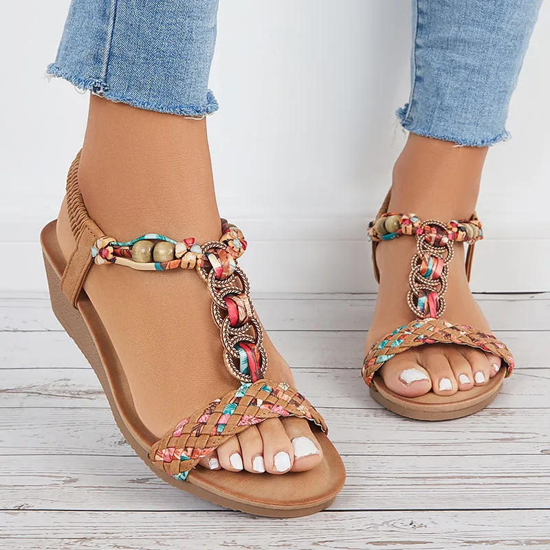 Sohiwoo Women Boho Low Wedge Heels Elastic Ankle Strap Dress Sandals