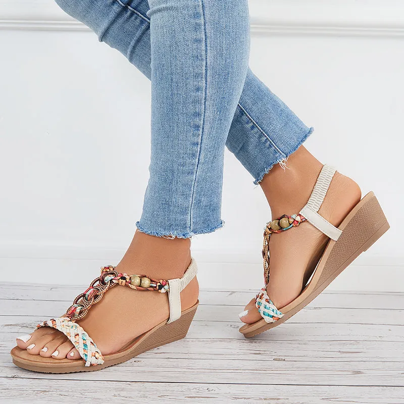 Sohiwoo Women Boho Low Wedge Heels Elastic Ankle Strap Dress Sandals