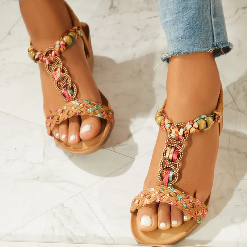 Sohiwoo Women Boho Low Wedge Heels Elastic Ankle Strap Dress Sandals