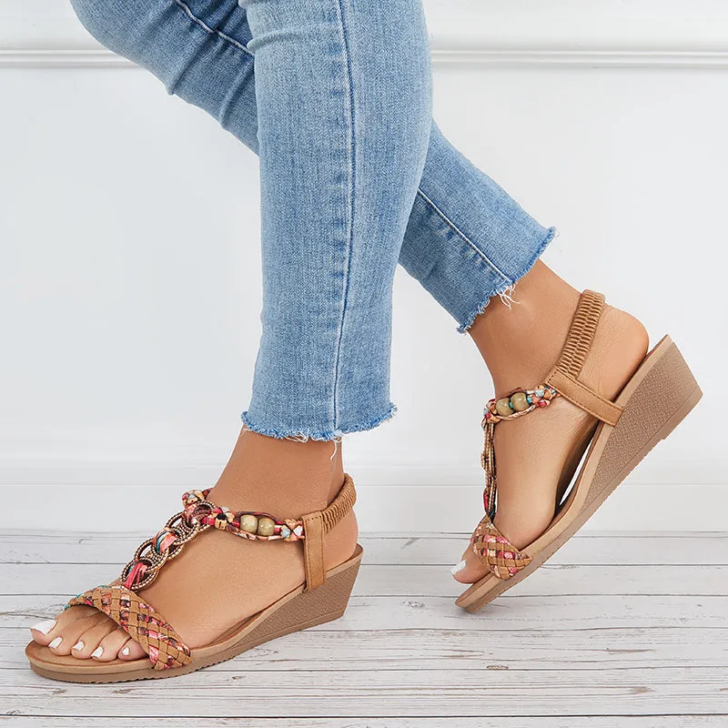 Sohiwoo Women Boho Low Wedge Heels Elastic Ankle Strap Dress Sandals