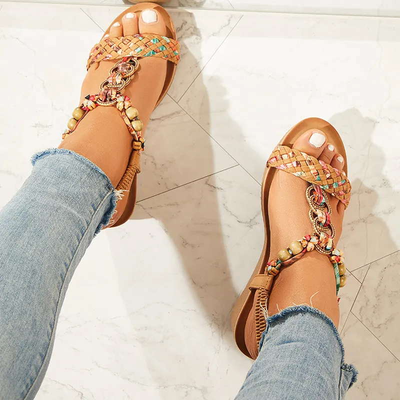 Sohiwoo Women Boho Low Wedge Heels Elastic Ankle Strap Dress Sandals