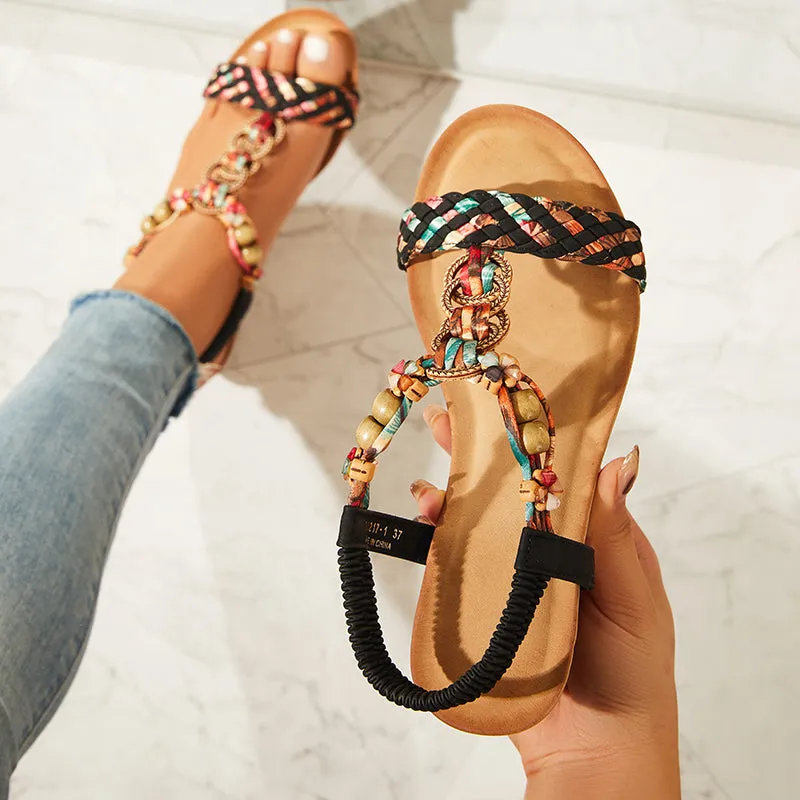 Sohiwoo Women Boho Low Wedge Heels Elastic Ankle Strap Dress Sandals