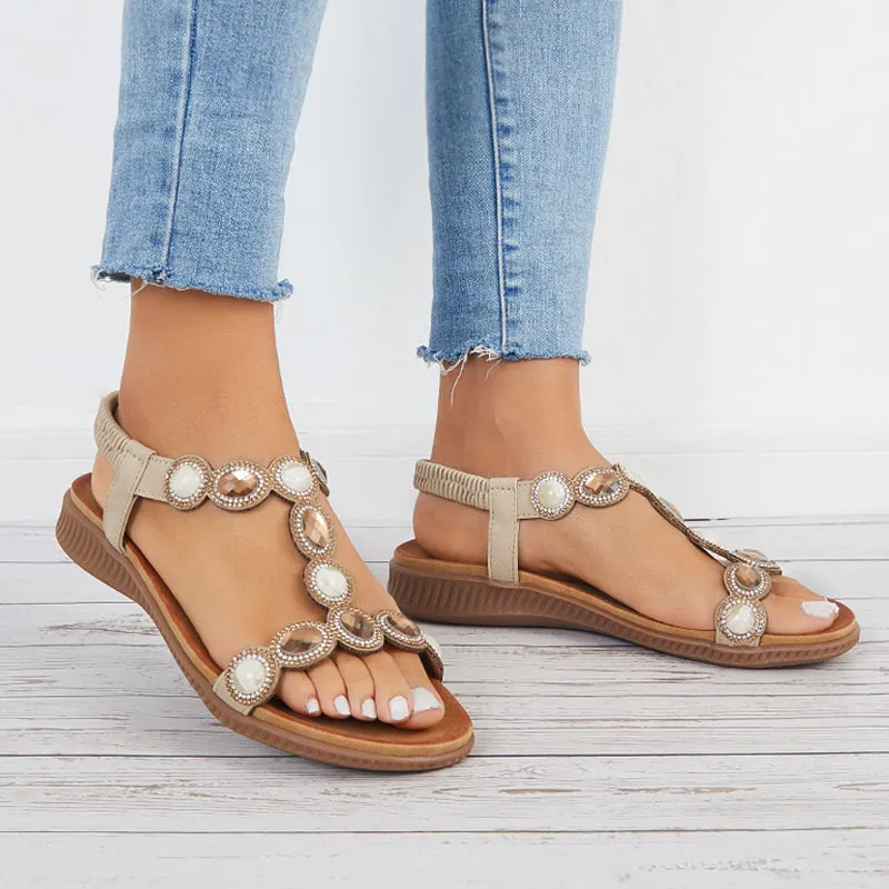 Sohiwoo  Women Boho Low Wedge Heels Open Toe Arch Support Elastic Strap Sandals