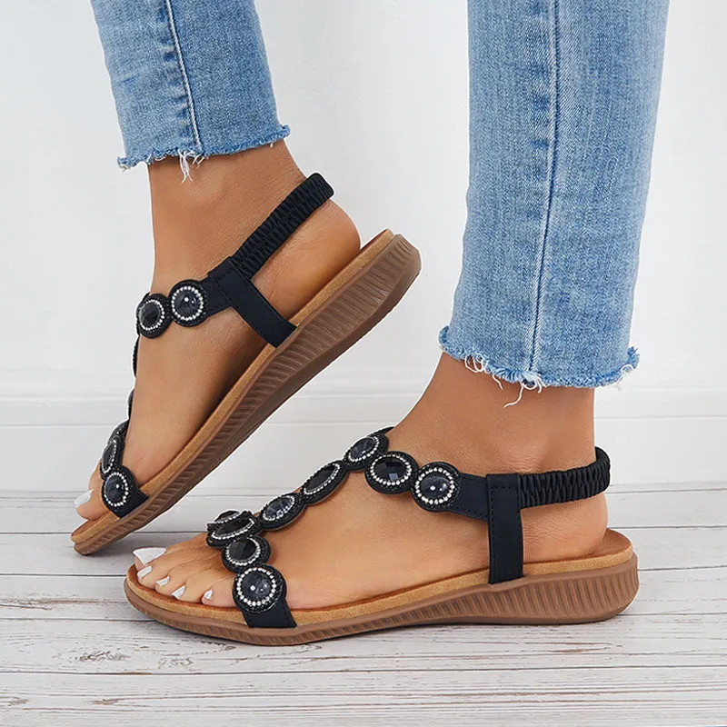 Sohiwoo  Women Boho Low Wedge Heels Open Toe Arch Support Elastic Strap Sandals