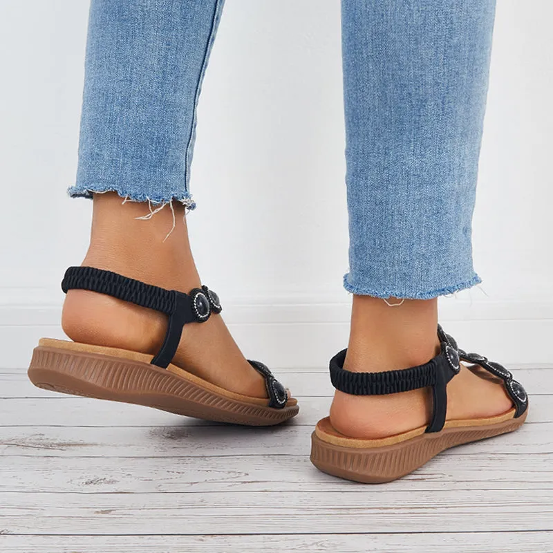 Sohiwoo  Women Boho Low Wedge Heels Open Toe Arch Support Elastic Strap Sandals