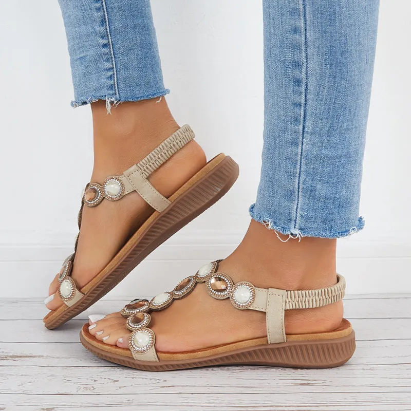 Sohiwoo  Women Boho Low Wedge Heels Open Toe Arch Support Elastic Strap Sandals