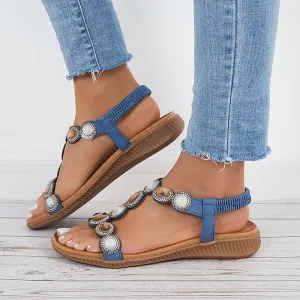 Sohiwoo  Women Boho Low Wedge Heels Open Toe Arch Support Elastic Strap Sandals