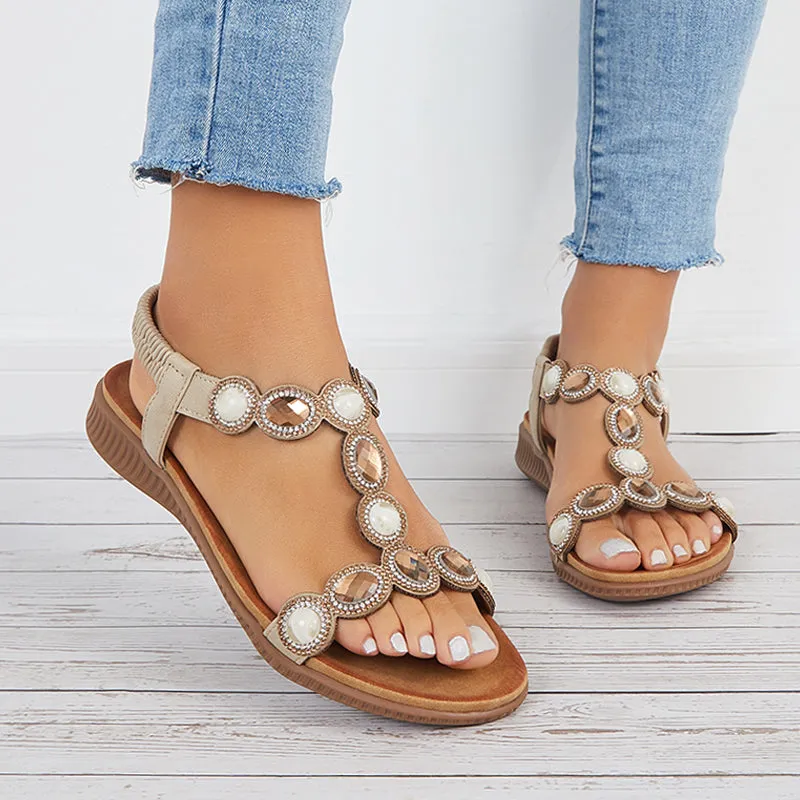 Sohiwoo  Women Boho Low Wedge Heels Open Toe Arch Support Elastic Strap Sandals