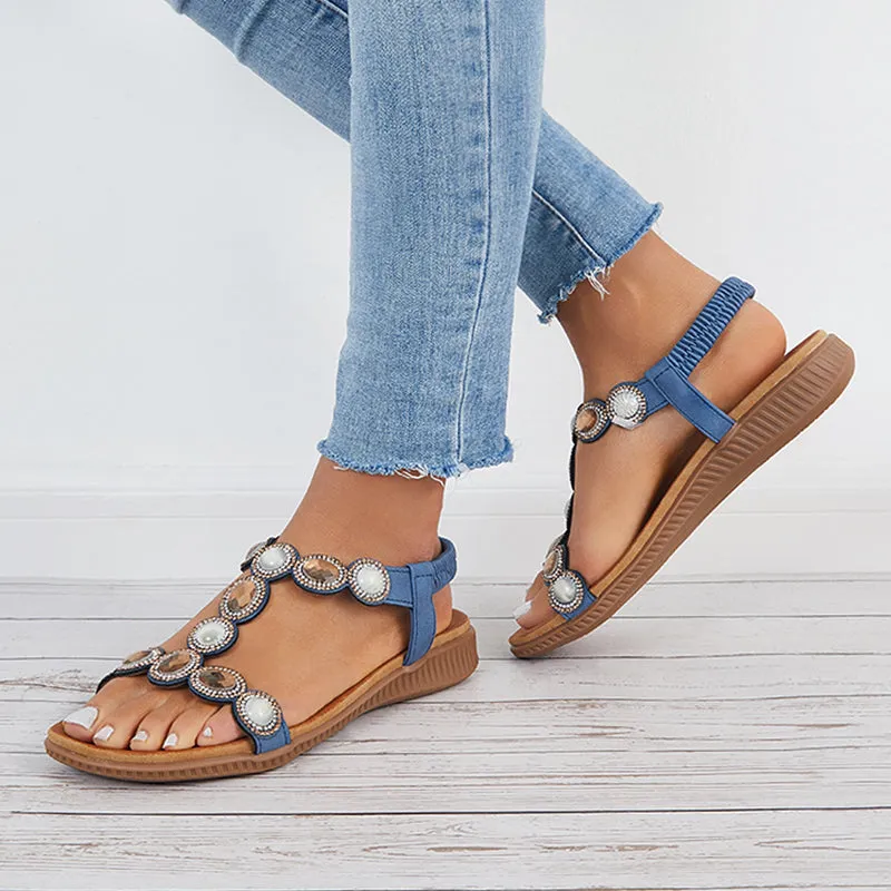 Sohiwoo  Women Boho Low Wedge Heels Open Toe Arch Support Elastic Strap Sandals