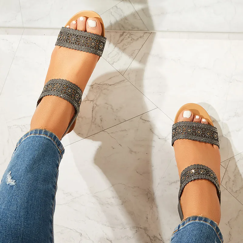 Sohiwoo Women Lace Low Wedge Heels Open Toe Ankle Strap Sandals