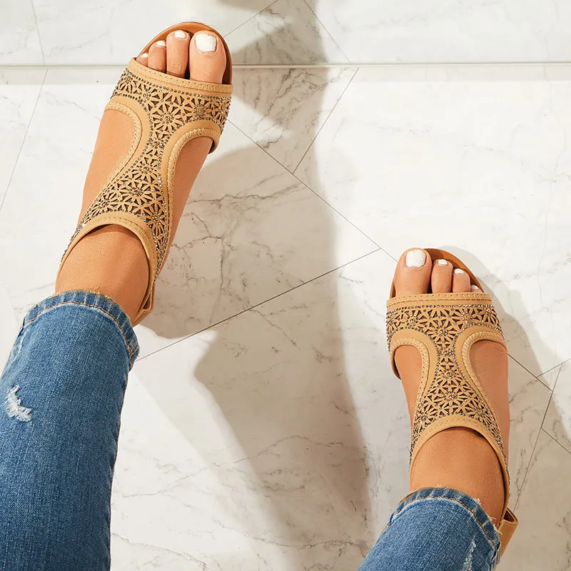 Sohiwoo  Women Rhinestone T-Strap Wedge Low Heels Back Zip Open Toe Sandals