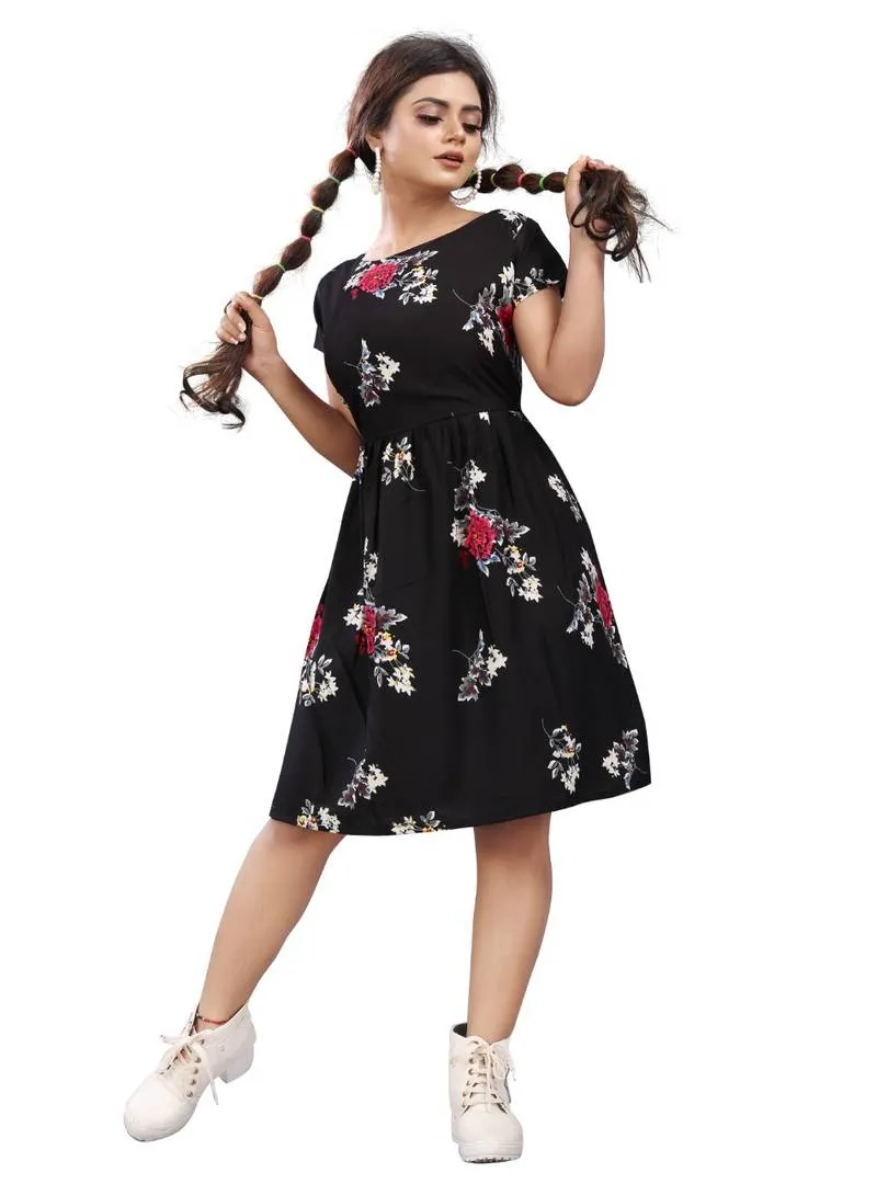 Stylish American Crepe Black Floral Print Round Neck Short Sleeves Dress For Women
