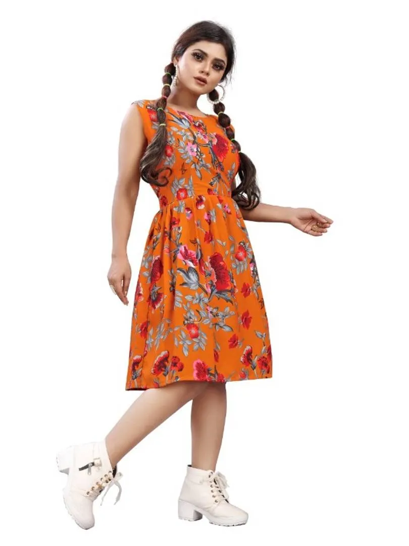 Stylish American Crepe Orange Floral Print Round Neck Dress For Women