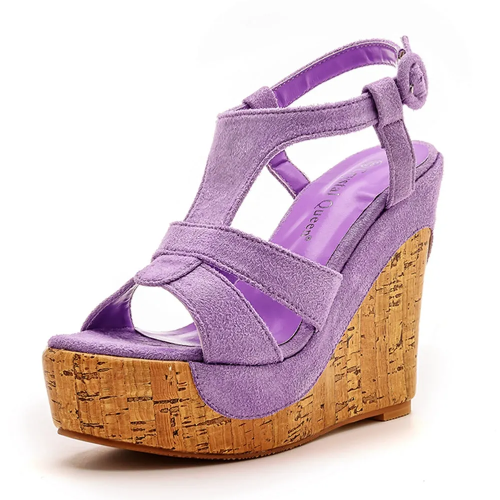 Suede Wood Grain Peep Toe Platform Wedges Sandals