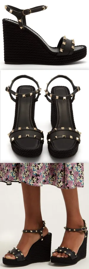 'Torchon' Rockstud Leather Wedge Sandals