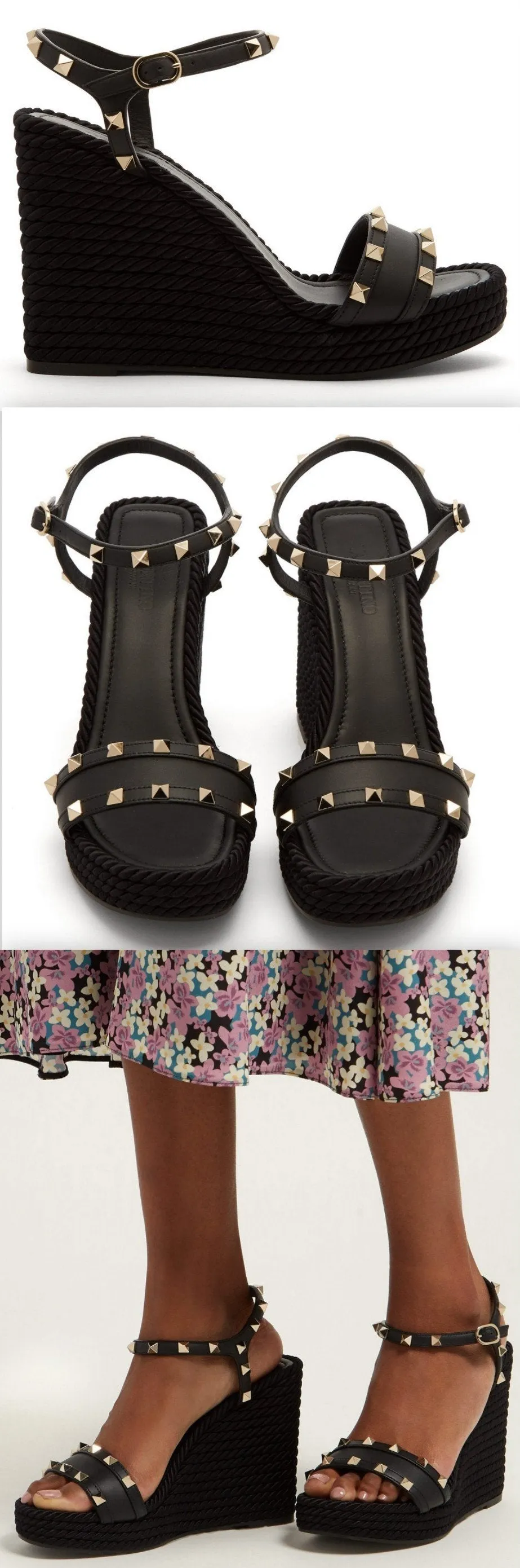'Torchon' Rockstud Leather Wedge Sandals