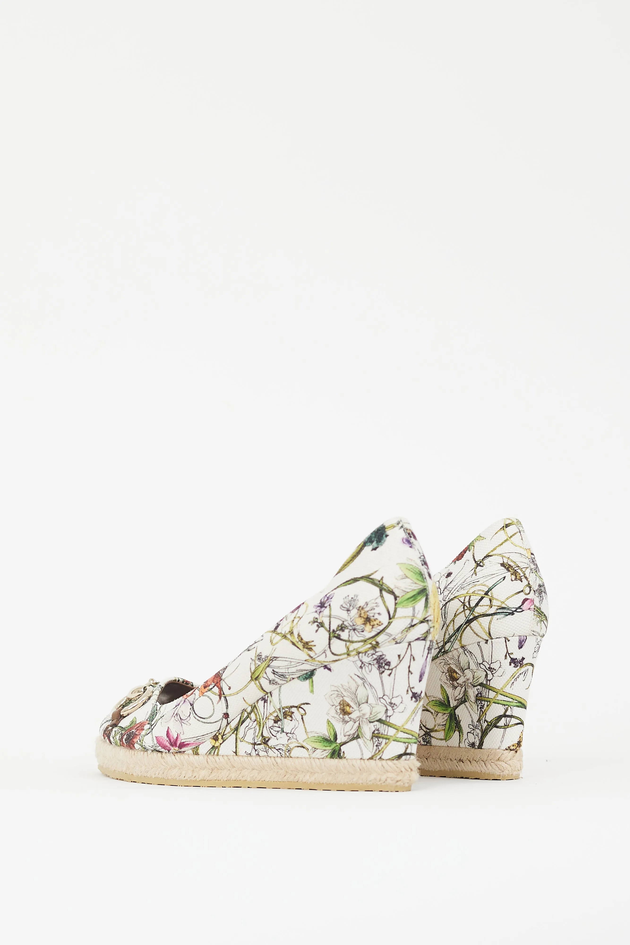 White & Multicolour Floral Canvas Wedge Heel