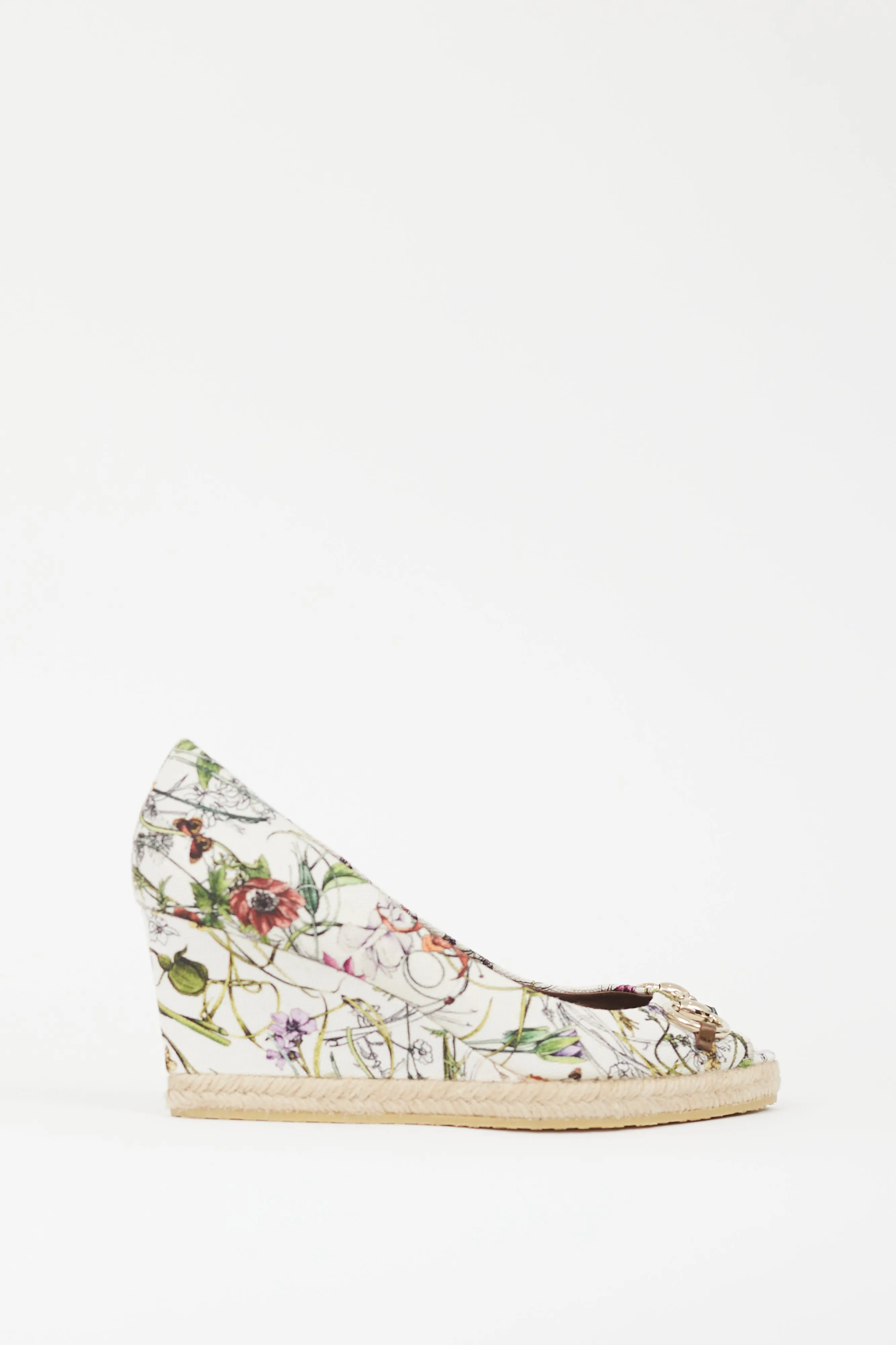 White & Multicolour Floral Canvas Wedge Heel