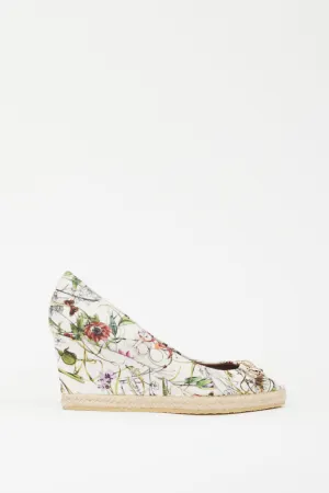 White & Multicolour Floral Canvas Wedge Heel