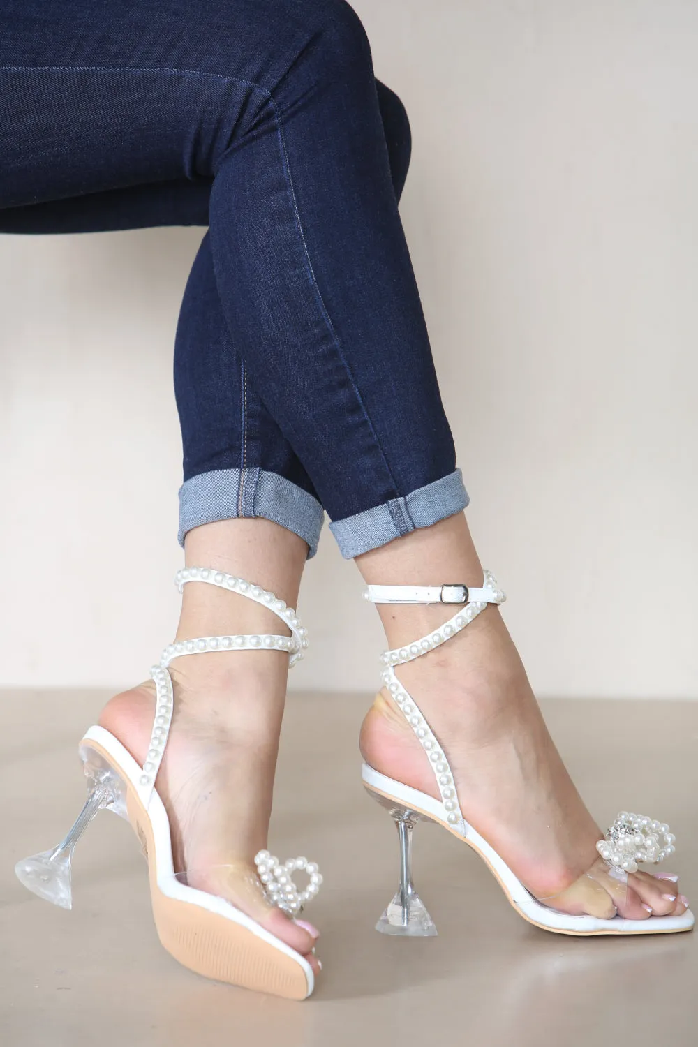 White Perspex High Heels With Pearl Bow & Ankle Tie