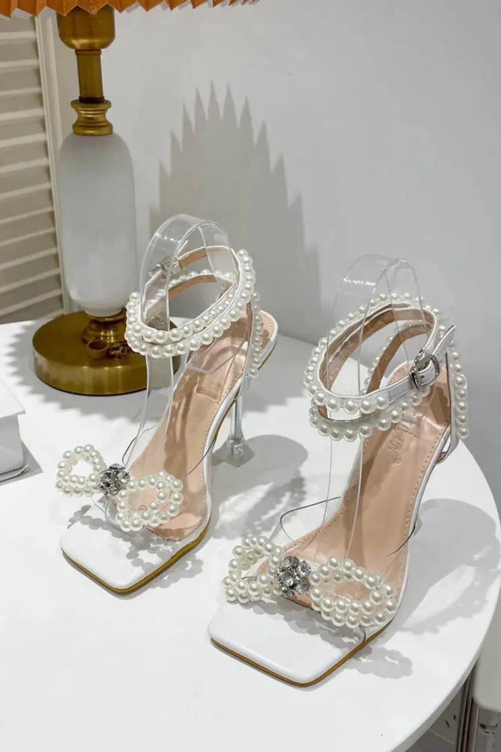 White Perspex High Heels With Pearl Bow & Ankle Tie