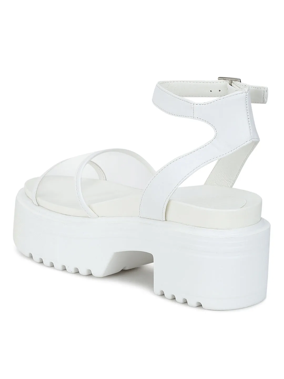 White PU Perspex Cleated Bottom Ankle Strap Platform Block Heels