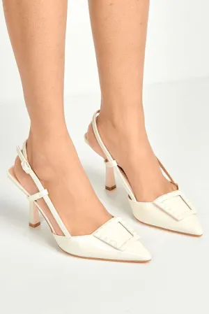 Wisteria Studded Brooch Detail Slingback Heel Court Shoes in Beige