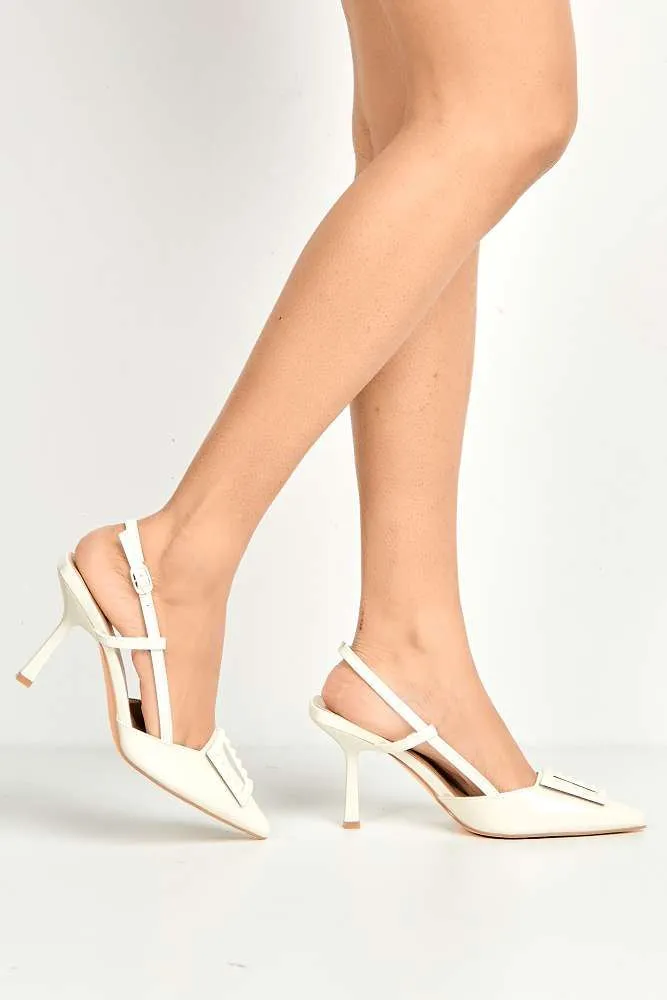 Wisteria Studded Brooch Detail Slingback Heel Court Shoes in Beige