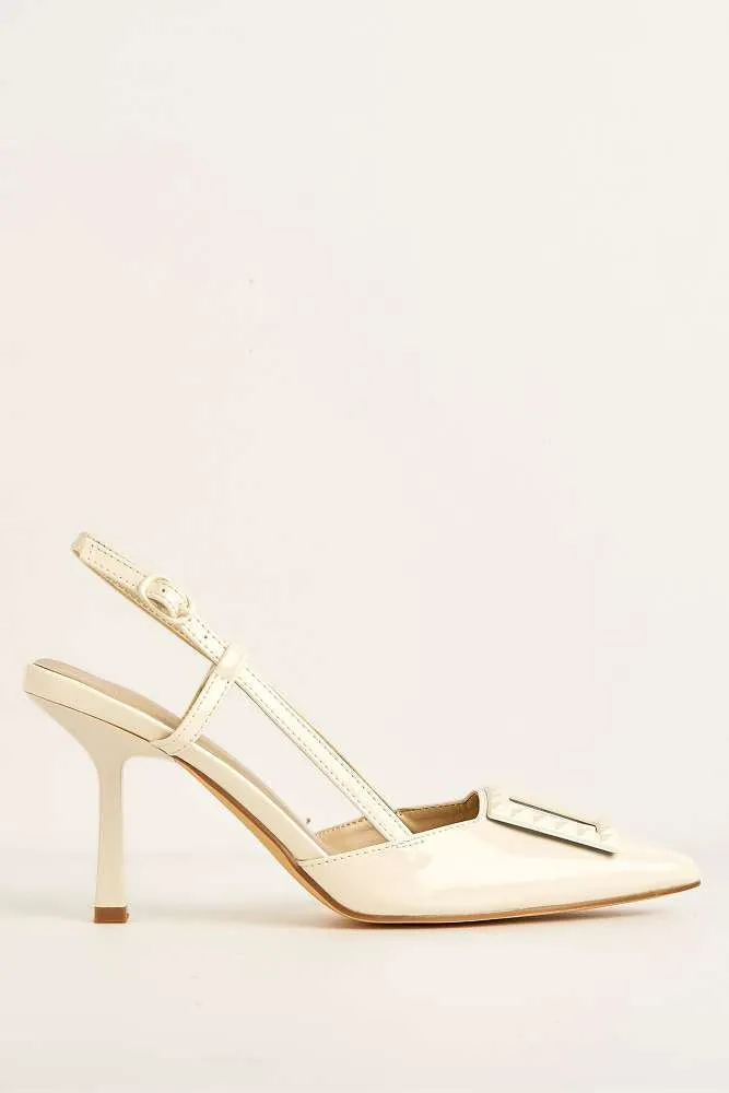 Wisteria Studded Brooch Detail Slingback Heel Court Shoes in Beige