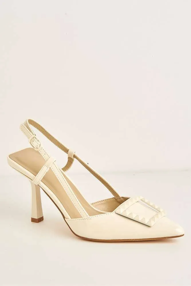 Wisteria Studded Brooch Detail Slingback Heel Court Shoes in Beige