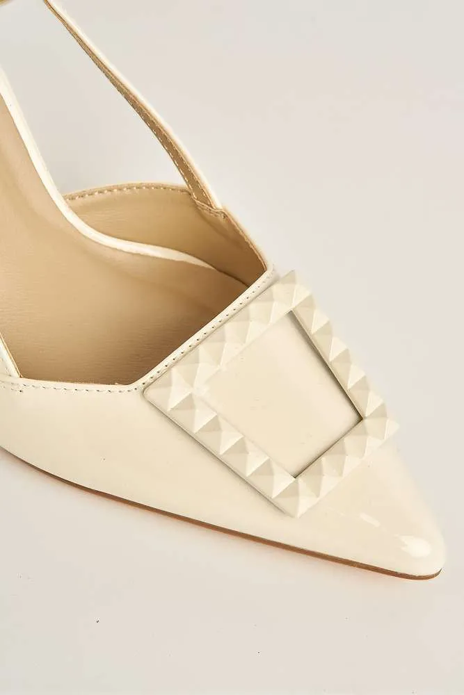 Wisteria Studded Brooch Detail Slingback Heel Court Shoes in Beige