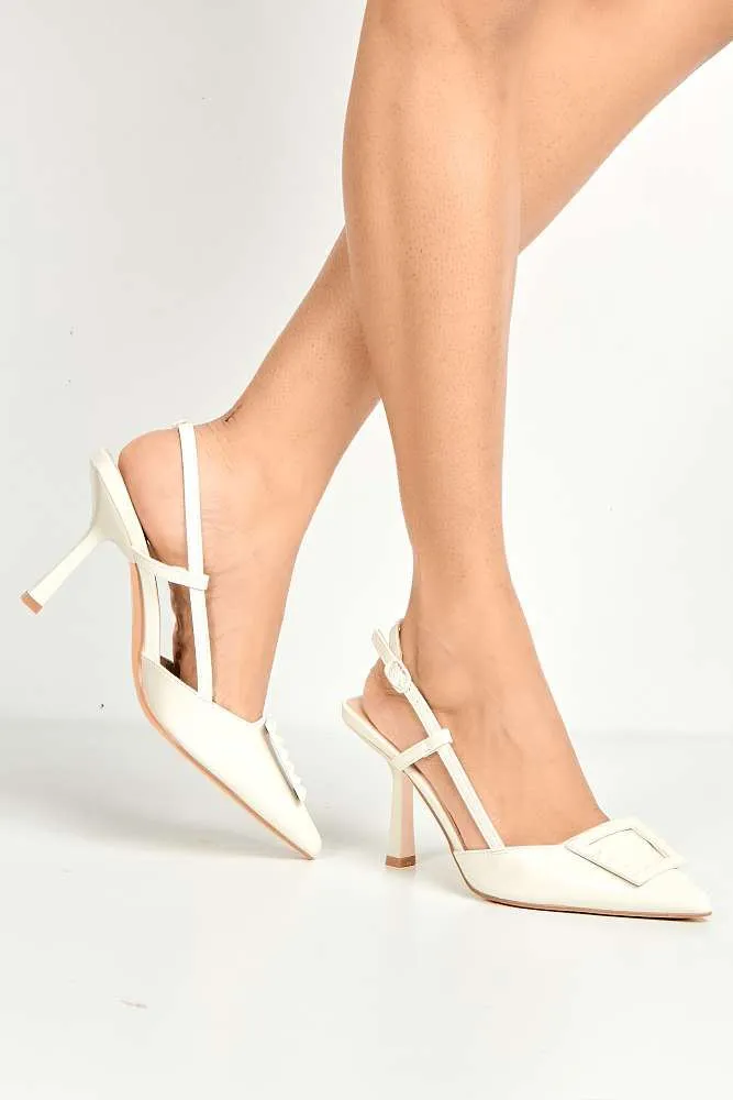 Wisteria Studded Brooch Detail Slingback Heel Court Shoes in Beige
