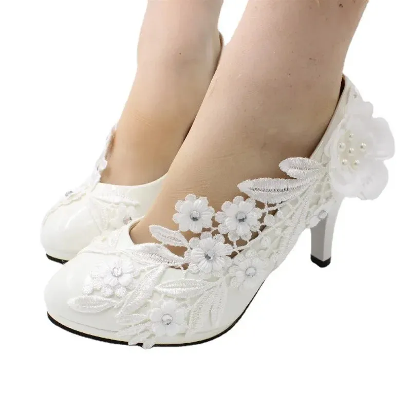 Wjczt White Flower Pumps New Arrival Womens Wedding Shoes Bride High Heels Platform Shoes for Woman Ladies Party Dress Shoes