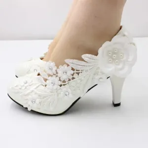 Wjczt White Flower Pumps New Arrival Womens Wedding Shoes Bride High Heels Platform Shoes for Woman Ladies Party Dress Shoes