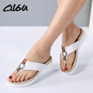 Women Wedge Heels Slip on Leather Platform Slipper