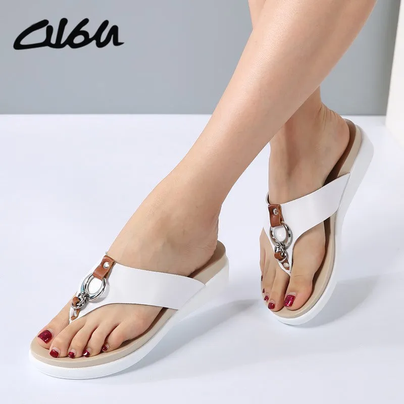 Women Wedge Heels Slip on Leather Platform Slipper
