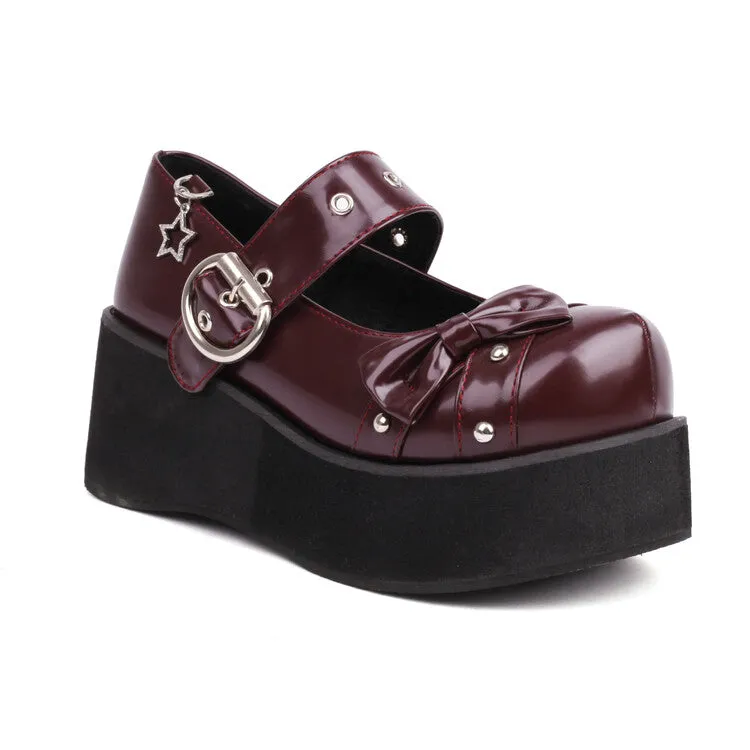 Women's Bow Tie Wedge Heel Mary Jane Platform Pumps