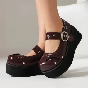 Women's Bow Tie Wedge Heel Mary Jane Platform Pumps
