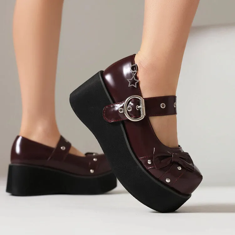 Women's Bow Tie Wedge Heel Mary Jane Platform Pumps