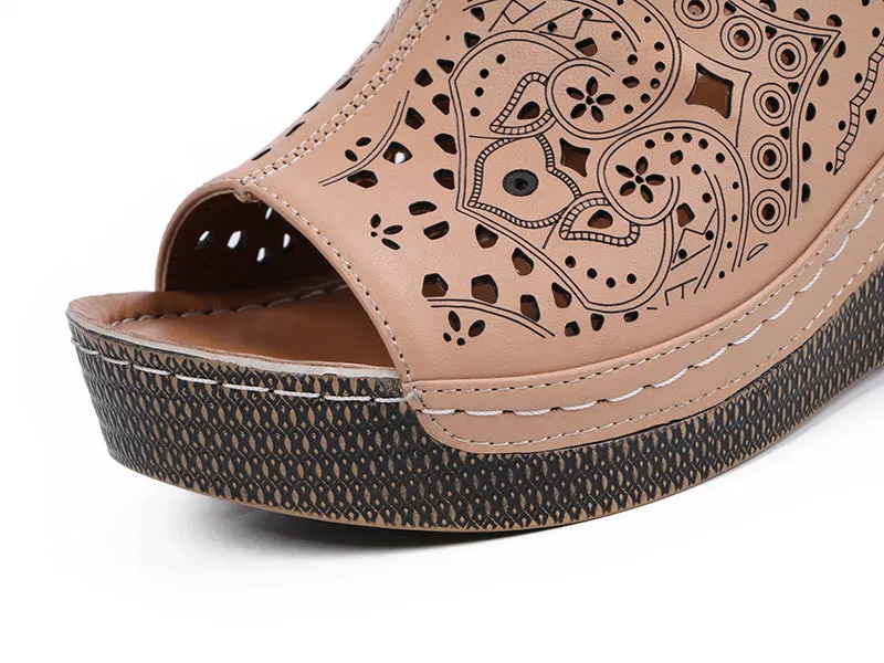 Women's Fashion Platform Wedge Slipper Heels - Brown