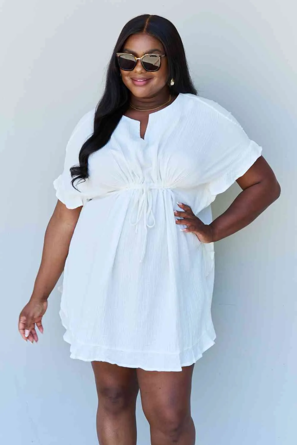 Women's Ninexis Out Of Time Full Size Ruffle Hem Dress with Drawstring Waistband in White