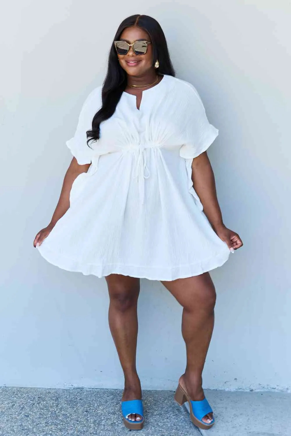 Women's Ninexis Out Of Time Full Size Ruffle Hem Dress with Drawstring Waistband in White