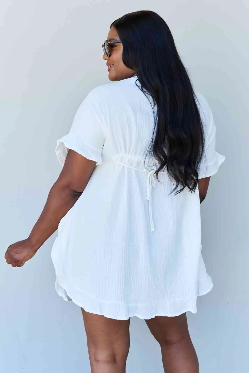 Women's Ninexis Out Of Time Full Size Ruffle Hem Dress with Drawstring Waistband in White