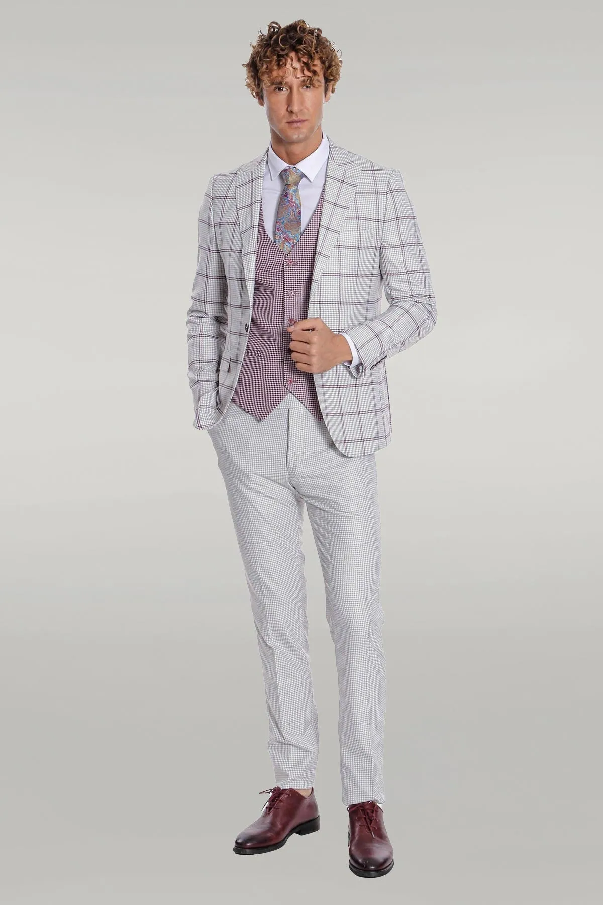 WSS Checked Patterned Vested Light Grey Men Suit  - Singen