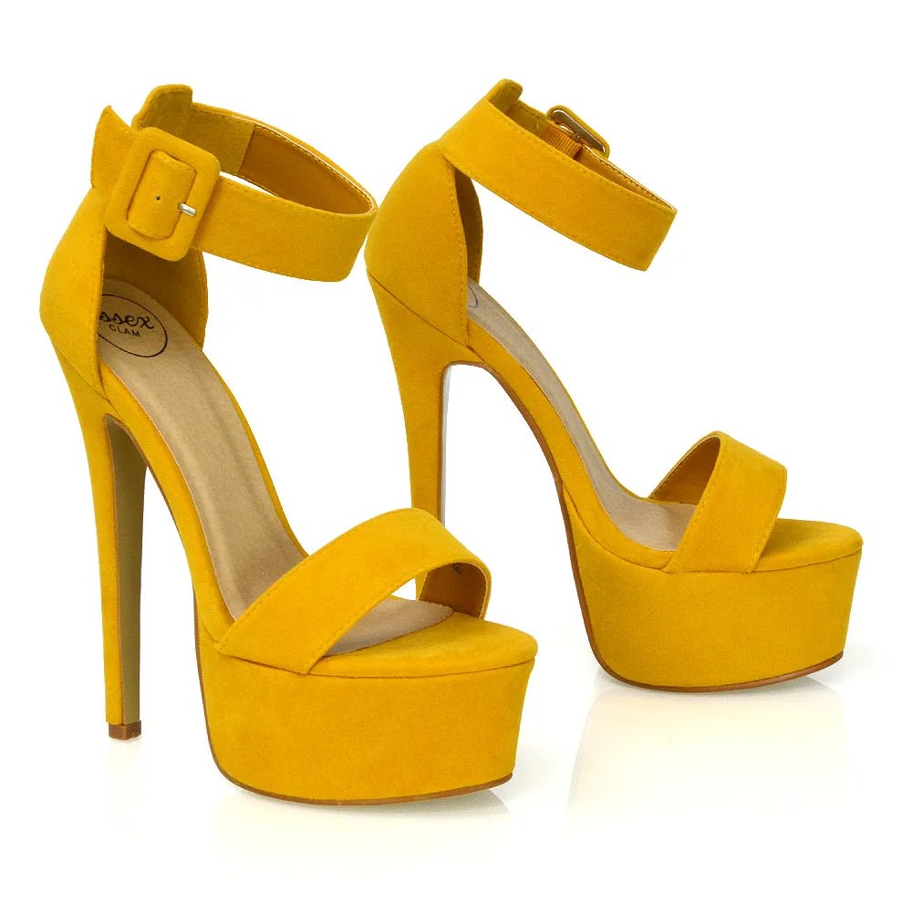 Yasmine Platform Ankle Strap Stiletto High Heel Sandals in Mustard Faux Suede