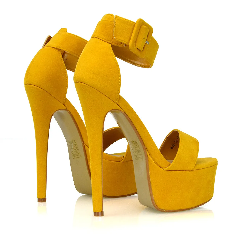 Yasmine Platform Ankle Strap Stiletto High Heel Sandals in Mustard Faux Suede